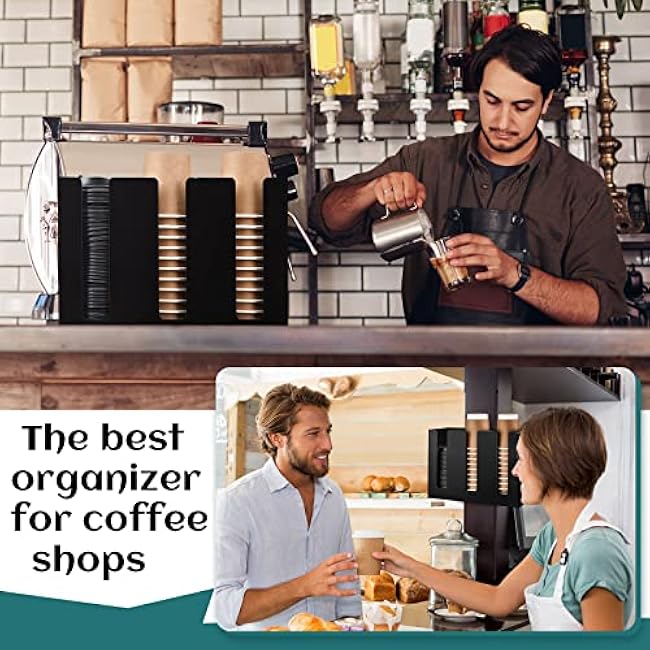 3 Compartments Acrylic Coffee Cup Dispenser Organizer Paper Cup Lid Sleeve Holder Organizer Coffee Shop Supplies Holder Storage for Counter Wall(Black)