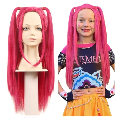 FantaLook Long Straight Hot Pink Cosplay Wig with 2 Ponytails for Halloween Party Costume（Small Size）