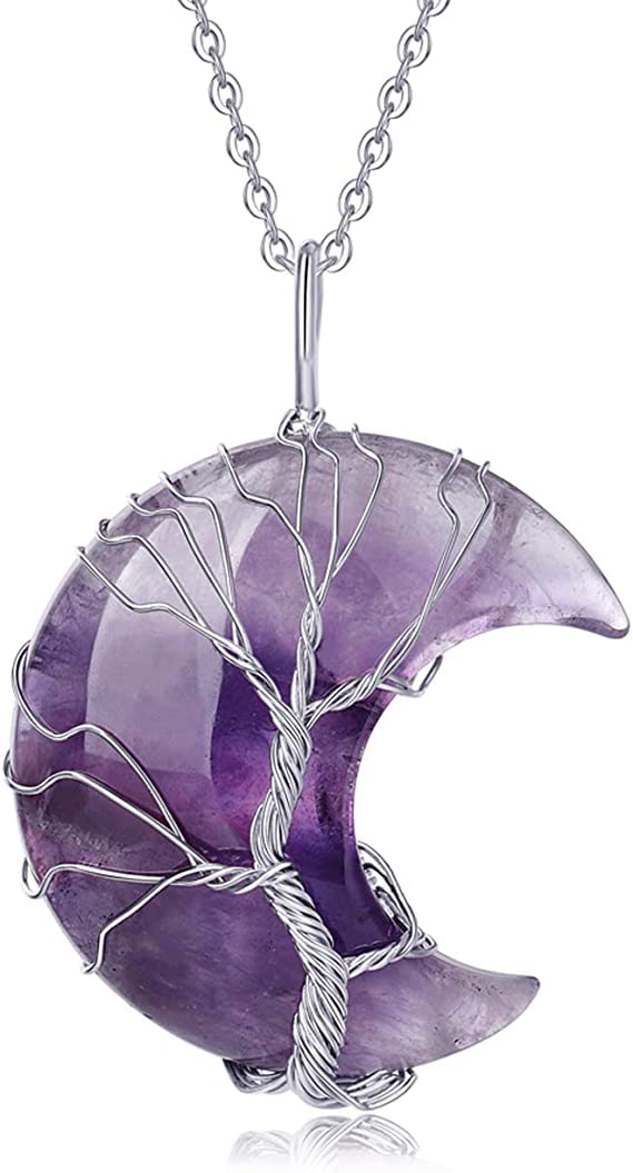 RENHONG Tree of Life Wire Wrapped Crescent Moon Pendant Necklace Reiki Healing Crystal Stone Necklaces Natural Gemstone Quartz Jewelry for Women (Amethyst)