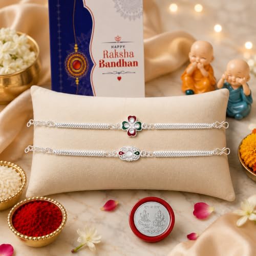 Image of Oblivion Designer Rakhi Set for Brother - Meenakari Flower & Crystal Oval Silver Rakhis with Baby Buddha & Complete Pooja Essentials