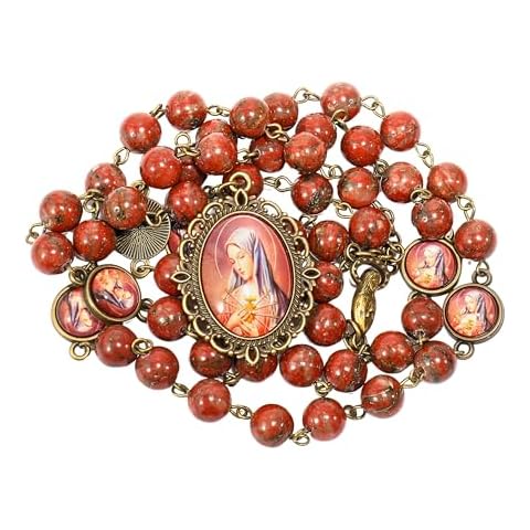 Nazareth Store Jasper Stone Beads Rosary Our Lady of Sorrows Parayer Catholic Rosary with Epoxy 7 Seven Sorrows Medal Cover