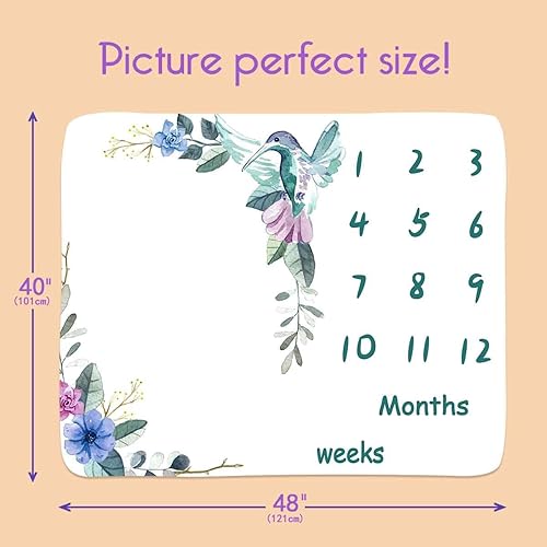 Miniatura 2 de BTXTPH504 - Manta mensual de hitos para bebé, tabla de crecimiento personalizada de pájaro floral azul, fotos de bebé, 48 x 40 pulgadas, fondo de
