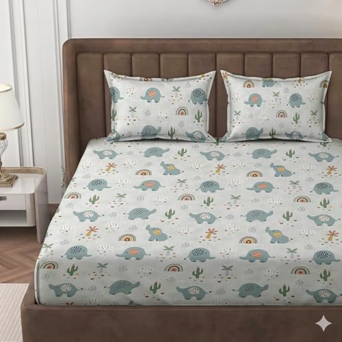 Image of DECOREZA Premium Cotton Feel Elastic Fitted Bedsheet Queen Size 60 x 78 Inch with 2 Pillow Covers | All-Around Elastic | Soft & Breathable | Mattress Upto 10 Inches (Tiny Dino)