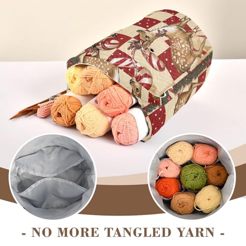 Image of Tatenale Crochet Bag Yarn Bag Knitting Project Bag with Pockets and Handle Portable Yarn Storage Organizer Tangle Free 8.3x11 InchChristmas Deers Checkered Red Candy Canes41