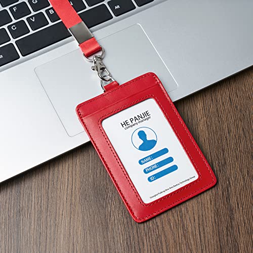 Cow Leather ID Badge Holder with Lanyard(Full Grain Leather,3"*4.5"),1 Clear ID Window and 3 Card Slots,Nylon Neck Lanyard with rotatable and Removable Metal Clasp,Vertical Name Badge Holders - Image 2