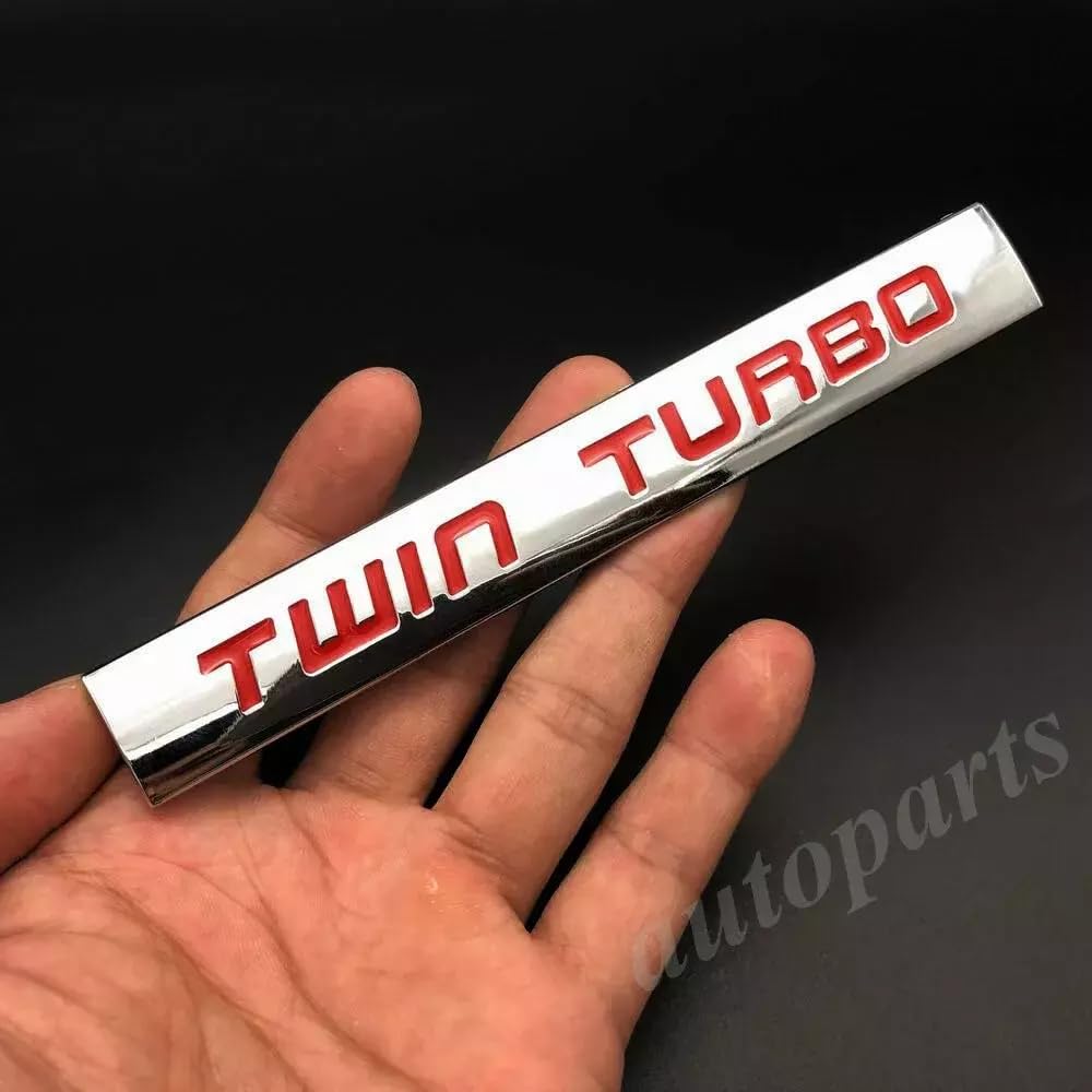 Metalowa pokrywa bagażnika samochodowego Twin Turbo, emblemat, wyścigi, logo, naklejka 3D, naklejka na plakietkę (srebrno-czerwona)