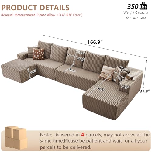 Image of Oversized Modular Sectional Sofa Couch, Large 6 Seater Corner Sofa Modern U Shaped Sectional Couch Cloud Couches for Living Room, Office, Spacious Space, Corduroy, No Assembly Required, Camel