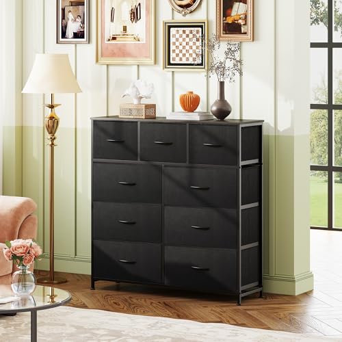 Image of WLIVE 9-Drawer Dresser, Fabric Storage Tower for Bedroom, Hallway, Entryway, Closet, Tall Chest Organizer Unit with Fabric Bins, Steel Frame, Wood Top, Easy Pull Handle, Charcoal Black