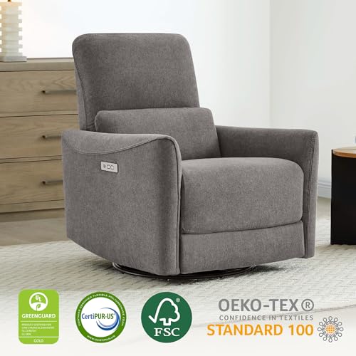 Image of CHITA Power Swivel Glider Recliner Chair, Nursery Glider, Fabric Metal Grey | FSC Certified Upholstery Rocking Chair, Power Lumbar Support, Reclining Chair for Living Room & Nursery