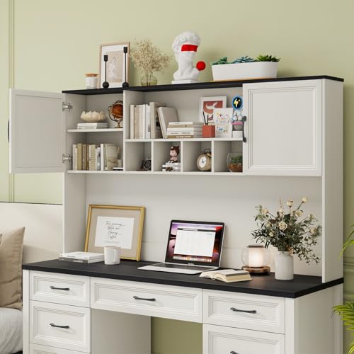 Image of Vabches Farmhouse Executive Desk with 7 Drawers and Storage Cabinet, Rustic Large Home Writing Desk with Hutch, Workstation for Bedroom, Black