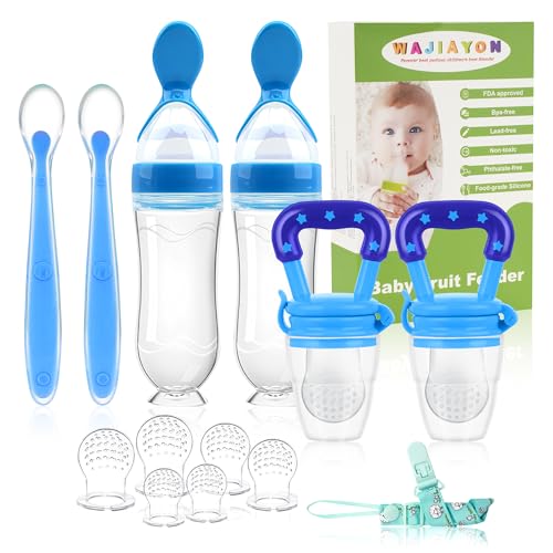 Image of WAJIAYON Baby Fruit Feeder Pacifier - 6 Pack | 2 Infant Food Pacifier & 2 Baby Food Dispensing Spoon | Fresh Fruit Teethers for Babies | Silicone Feeder Babies,Infant Teething Feeders (Blue)
