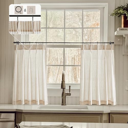 LIMON HOME Kitchen Curtains for Small Window,Cafe Curtains 24 Inch Length,Boho Striped Kitchen Pinch Pleat Curtain with Hooks Rings for Half Windows Semi Sheer Light Filtering Curtains Tan on Nature