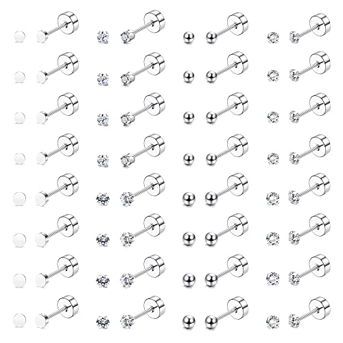 THUNARAZ 16 Pairs Tiny Cartilage Stud Earrings for Women Men Surgical Steel Flat Back Cartilage Earrings Hypoallergenic Cubic Zirconia Ball Studs Earrings 2mm 3mm Tragus Helix Piercing Silver Tone