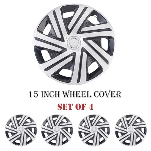 Image of Black with Silver Hubcap Wheel Cover Replacement Kit 15 inch Hub Caps Wheel Rim Cover Car Exterior Accessories Pack of 4, 15 Inches