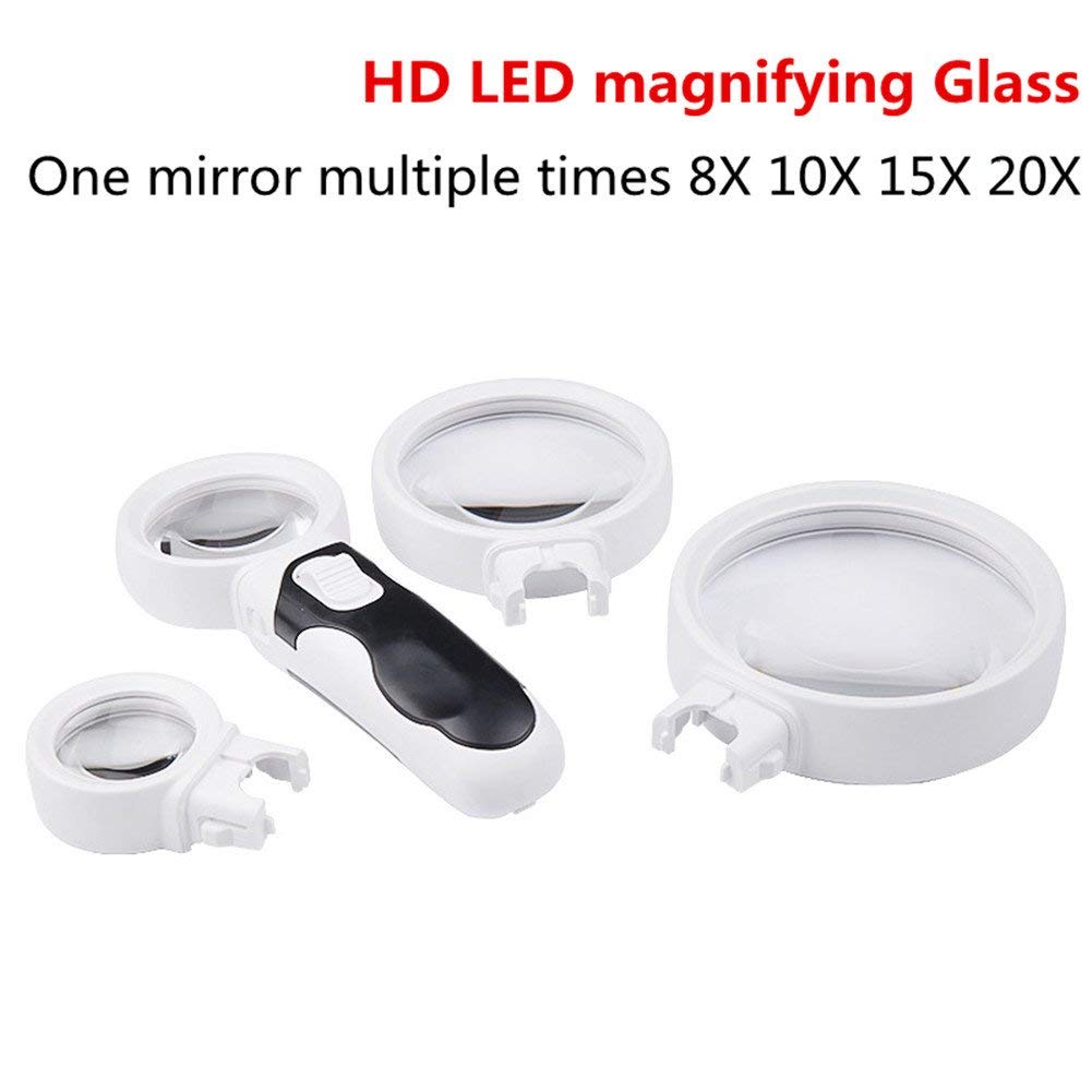 Lenti di ingrandimento, Lente di ingrandimento Portatile per Lettura da Uomo Anziano con 4 Lenti in Vetro Ottico HD 8X 10X 15X 20X Amplificatore di identificazione con Lampada a LED