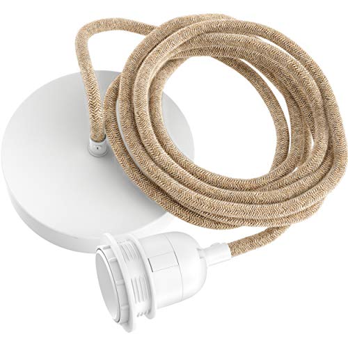 Hoopzi - Hang 1 - Lampadario a Sospensione - 2,5 Metri - Cavo Elettrico Tessuto - Portalampada E27 - Per Camera da Letto, Soggiorno, Cucina - Corda e bianco