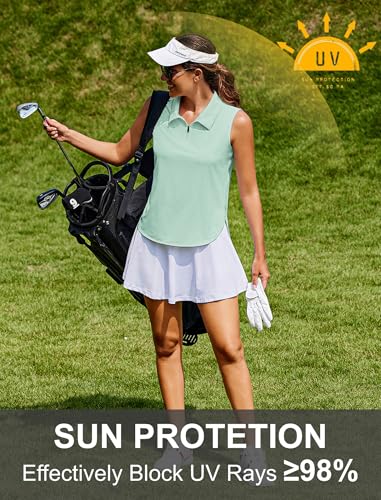 Image of PINSPARK Women Golf Shirts Sleeveless UPF 50+ Tennis Polo V-Neck Quick Dry Athletic T Shirt 1 /4 Zip Collar Workout Tank Top