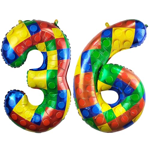 Image of 32 Inch Building Block Number 36 Balloons birthday Block Themed Large Big Helium Foil Mylar Balloon for Girls Boys Birthday Party Decoration Supplies