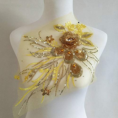 1 Pcs Craft Diamond Insert Feather Sequin Floral Embroidered Applique Trim Decorated Lace Neckline Collar Clothing DIY Sewing Patches (Yellow)