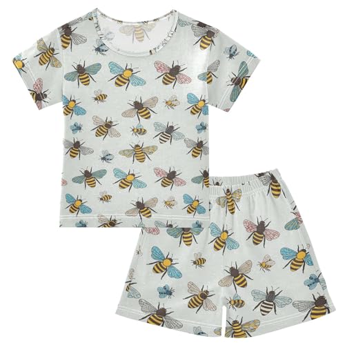 Pajama Short Sets Bee Colorful Pattern Soft Cotton Summer Sleepwear 2 Piece PJS Size 5-14T