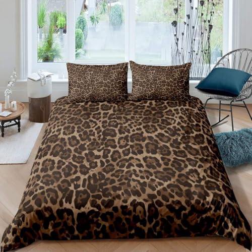 Loussiesd Fille Léopard imprimé Parure de Lit Marron Cheetah Ensemble de Literie Femmes Chic Wildlife Style Enfants Housse de Couette 220x240cm Adulte Chambre...