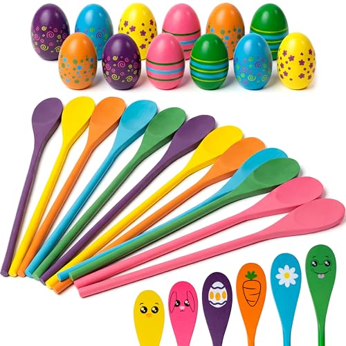 JOYIN Easter 24PCS Egg and Spoon Race Game Set, 12 Woodeen Egg and Spoons with Assorted Colors Outdoor Games, Party Favor Supplies