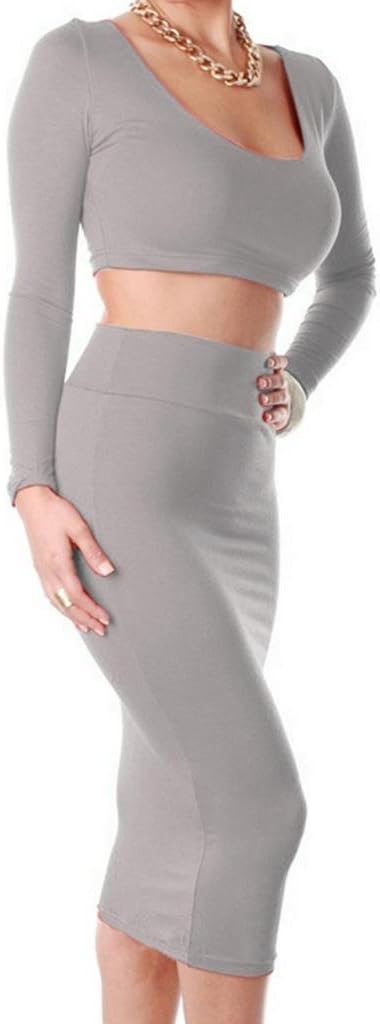 Goldensat Women Two Piece Bodycon Dress Crop Top and Pencil Skirts S Gray