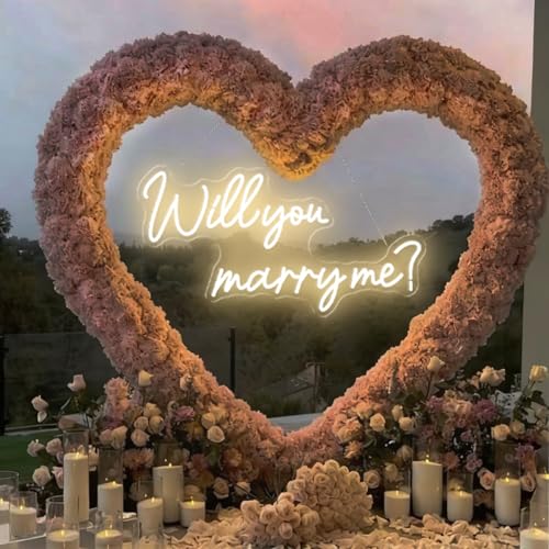 Will You Marry Me Neon Sign 23.2X12.5 Inch Large LED Neon Lights Sign With Remote Dimmer Will You Merry Me Light Up for Engagement Party Proposal Wedding Decor Warm White