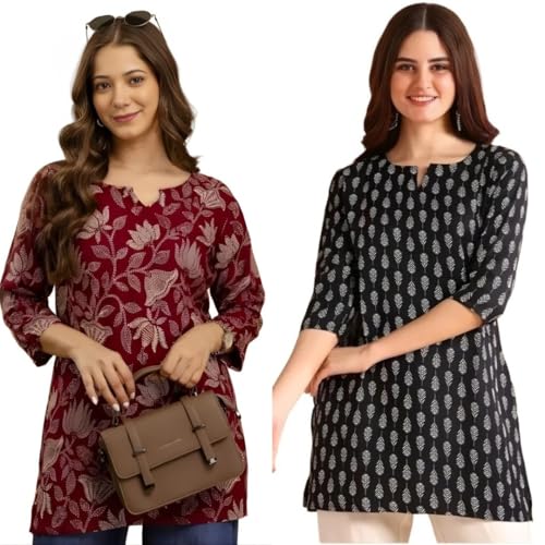 Image of Women's Cotton Printed Short Kurti, Round Neck, Three Quarter Sleeve, Straight Fit, Pack of 2
