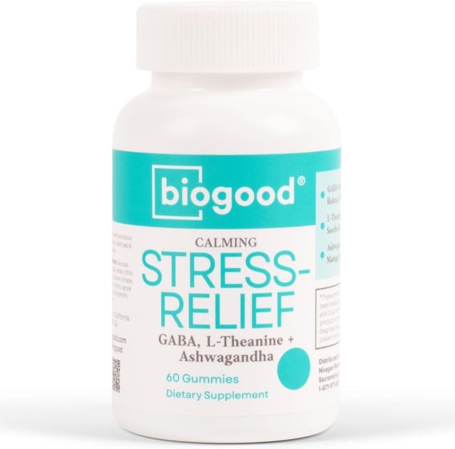 Alivio del estrés con Ashwagandha + L-teanina, GABA  Dosis diaria sin OMG, sin gluten, sin nueces, sin soja, 60 gomitas