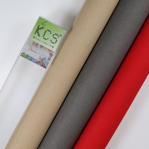 Image of KCS 3 pc of 15 inch x 18 inch(38cmx45cm) Counted Cross Stitch Cotton Aida Cloth Needlework Rolled Fabric Box,18CT,Red+Khaki+Dark Grey