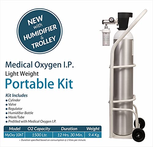 Image of MYOXY Light Weight Portable Oxygen Cylinder for Home Patient with regulator and Trolley (1500 Litres).
