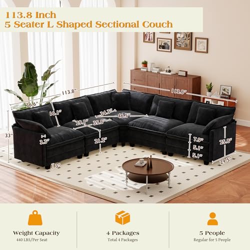 Image of 113.8 inch Modular Sectional Sofa,Cloud Couch for Living Room,Modern Deep Seat Sofa 5 Seater Chenille Fabric Comfy L Shaped Couches with Throw Pillows for Apartment
