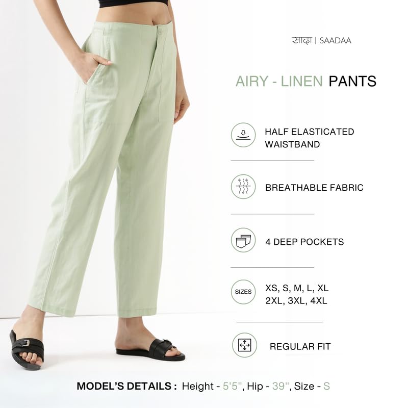 Image of SAADAA Women's Airy Linen Straight Pants | Regular Fit Trousers | Half Elasticated with Drawstrings & Buttons | 4 Pockets | Everyday & Office Wear