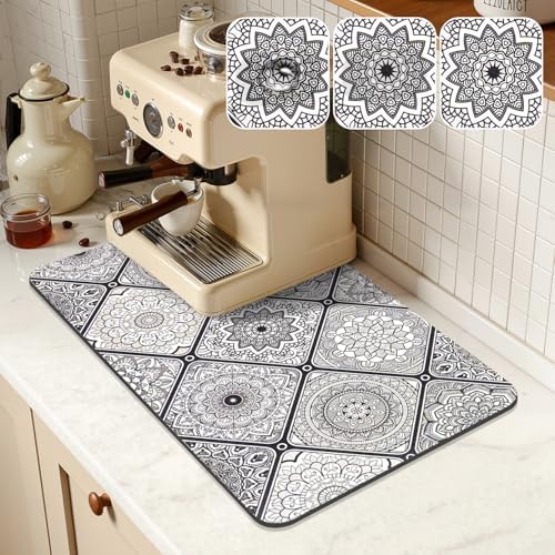 Yamaziot Boho Coffee Mat 12"x20", Floral Dish Drying Mat for Kitchen Counter, Non Slip Coffee Bar Accessories Espresso Machine Dish Rack
