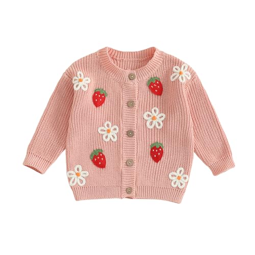 Baby Girl Sweater Cardigan Strawberry Floral Embroidery Chunky Cable Knit Button Jacket Toddler Fall Winter Clothes