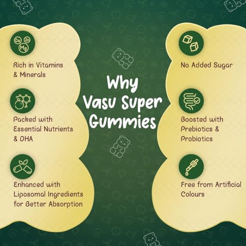 Image of Vasu Super Gummies for Kids (60 Gummies) - Enriched with Kesar, Moringa, Brahmi & Shankhpushpi | Supports Immunity & Gut Health | Pre+Probiotics | DHA, Vitamins & Minerals | No Added Sugar