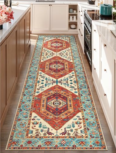 SERISSA Boho Washable Runner Rug, 2'6"x10' Rug Runner Non-Slip Vintage Orange Hallway Kitchen Runner Rug Ultra Soft Print Distressed Tribal Floor Carpet Runner for Bedroom Bathroom Laundry Room