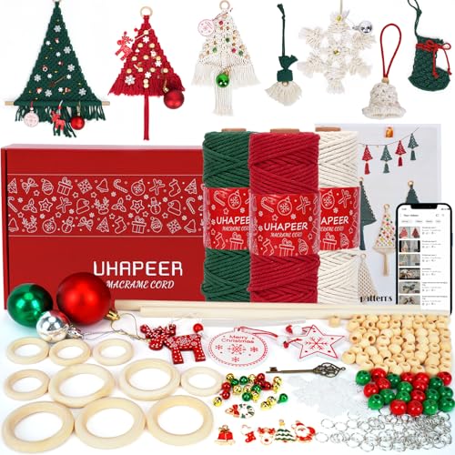 UHAPEER 137PCS Macrame Kits for Adults Beginners DIY Macrame Christmas Tree and Boho Macrame Supplies with 3 mm Macrame Cord Cotton Beads Xmas Ornaments Christmas Decorations Gifts Wall Hanging