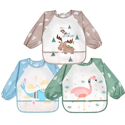 Vicloon Baby Bibs with Sleeves, 3 Pcs Long Sleeve Waterproof Bibs, Unisex Feeding Bibs with Large Pocket