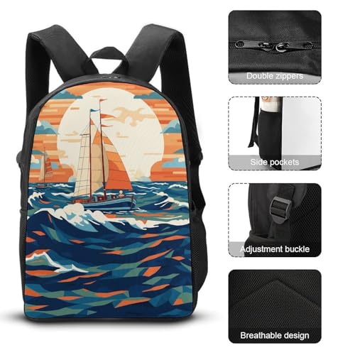 3 Piece Backpack for Women Men Lightweight Causal Daypack Shoulder Bag Set with Insulated Lunch Bag And Pencil Case Organizers Sailboat Wave Pattern3