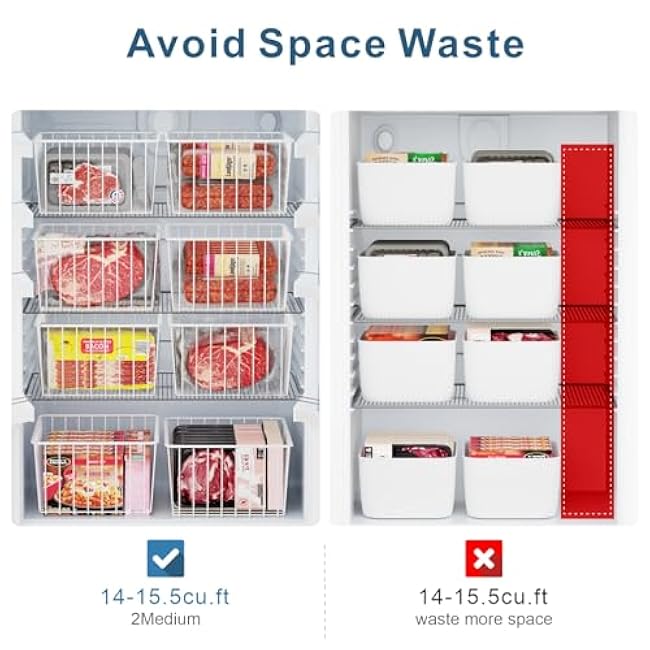 iSPECLE Freezer Organizer Bins - 4 Pack Medium Upright Baskets for 14 to 15.5 cu.ft Stand Up Freezer, Easily Sort and Get Food, Air Circulation Stops Food Sliding Out, White