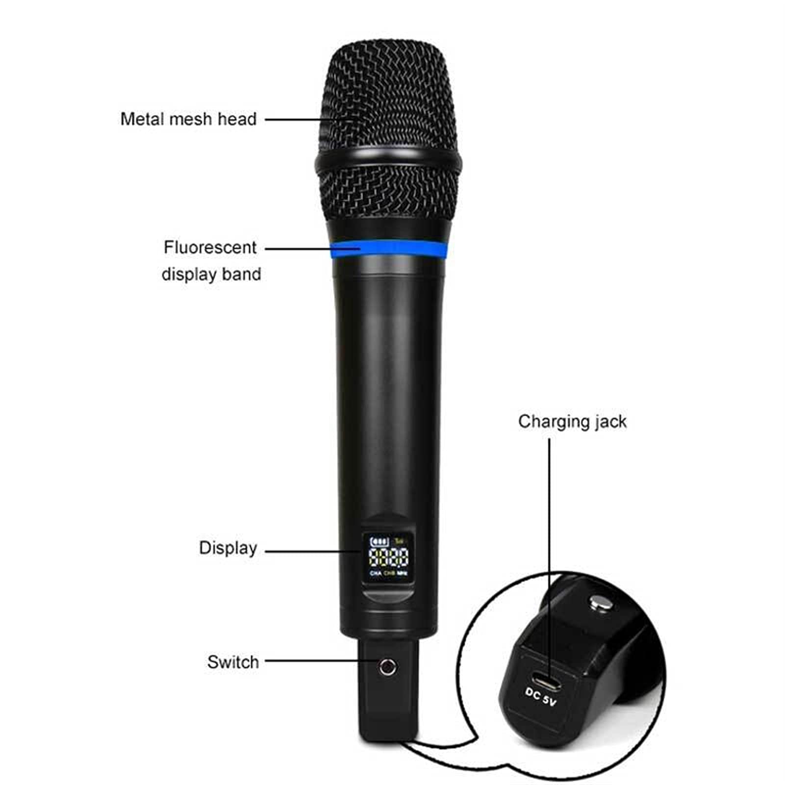 Mikrofon do śpiewania UHF. Mikrofon radiowy z Bluetooth odtwarzaniem muzyki profesjonalnej, dynamicznej, ręcznie ładowanej, litowej, karaoke dla dzieci