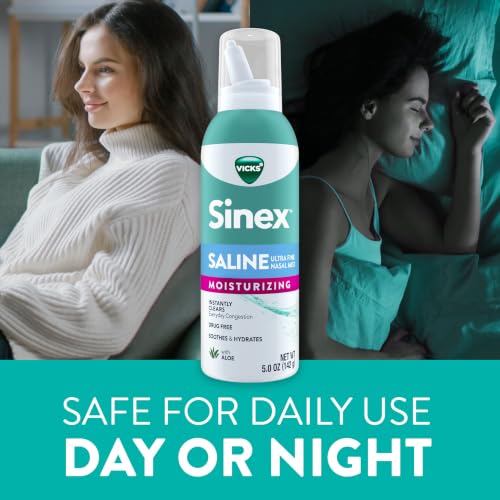 Sinex Saline by Vicks Moisturizing Nasal Spray, with Aloe, Drug Free Ultra Fine Mist, Clear Everyday Sinus Congestion Fast, Clear Mucus from a Cold or Allergy, 5.0 fl oz - image 7