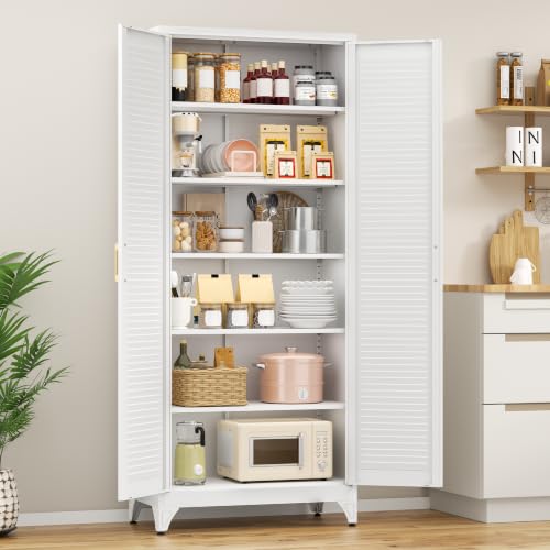 Image of Polup 75 inch Kitchen Pantry Cabinet, White Metal Storage Cabinet with Doors and 5 Adjustable Shelves, Tall Metal Pantry Cabinets, Large Cupboard for Kitchen, Dining Living Room, Bathroom, Office