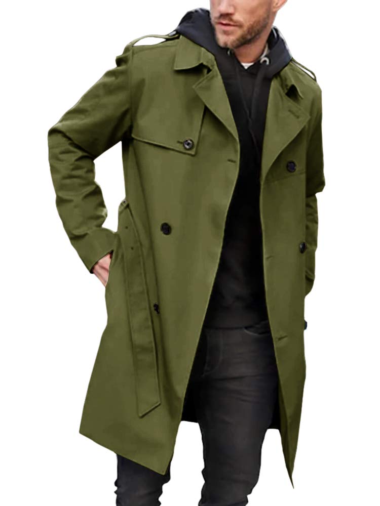 GemijackaCoat Men's Double Breasted Trench Coat with Belt Long Lapel Business Jacket