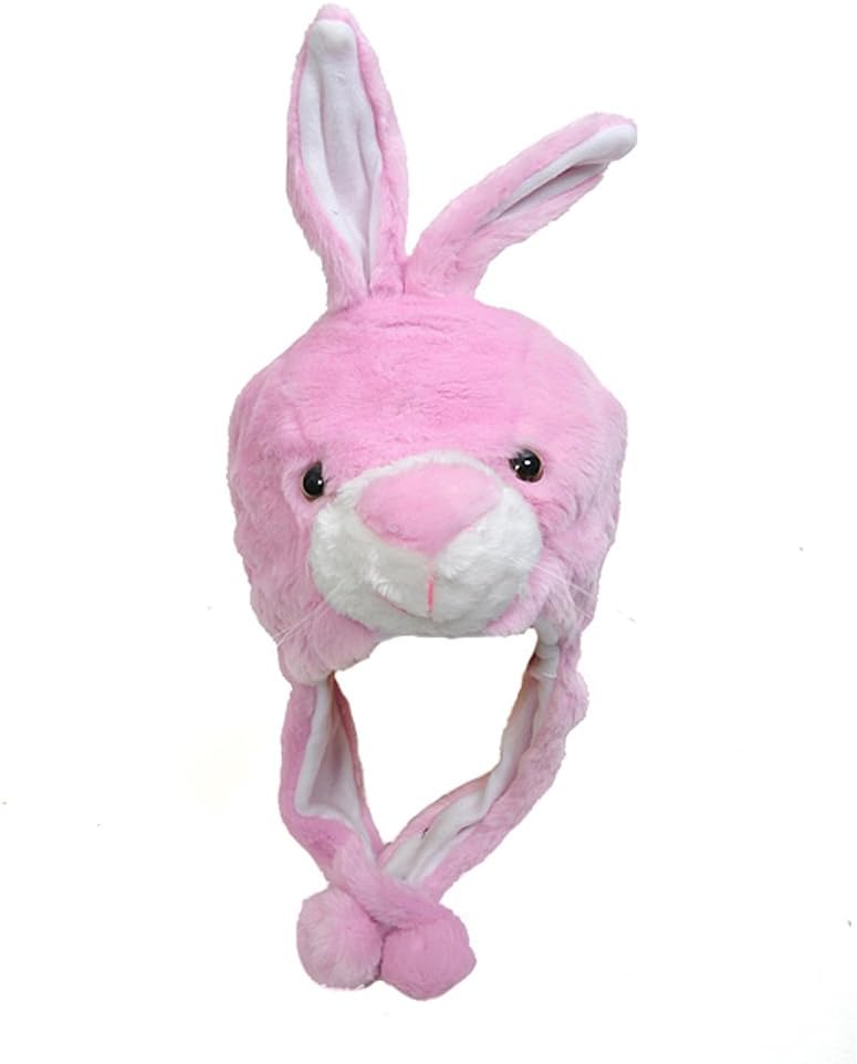 Plush Pink Bunny Rabbit Hat With Ear Flaps & Pom Poms