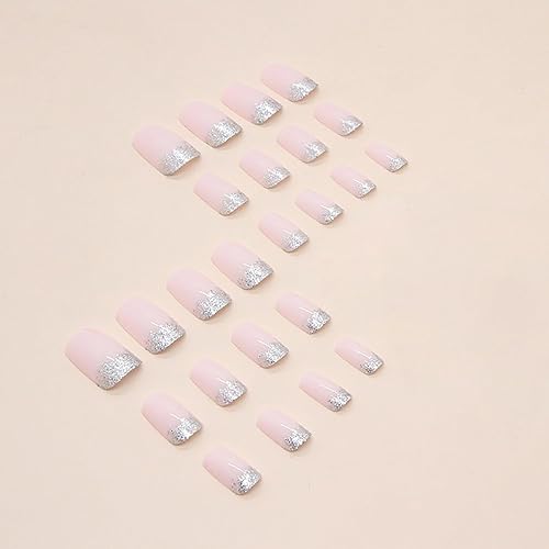 Miniatura 2 de Uñas postizas cuadradas rosadas a presión de longitud media con lentejuelas brillantes, uñas acrílicas de cobertura completa, uñas de ataúd