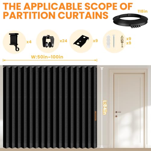 Image of Room Divider Curtain Sets with Flexible Ceiling Track, Privacy Soundproof Curtain for Bedroom Office Patio Sliding Door(Black, W100 x L84, 1 Pack)