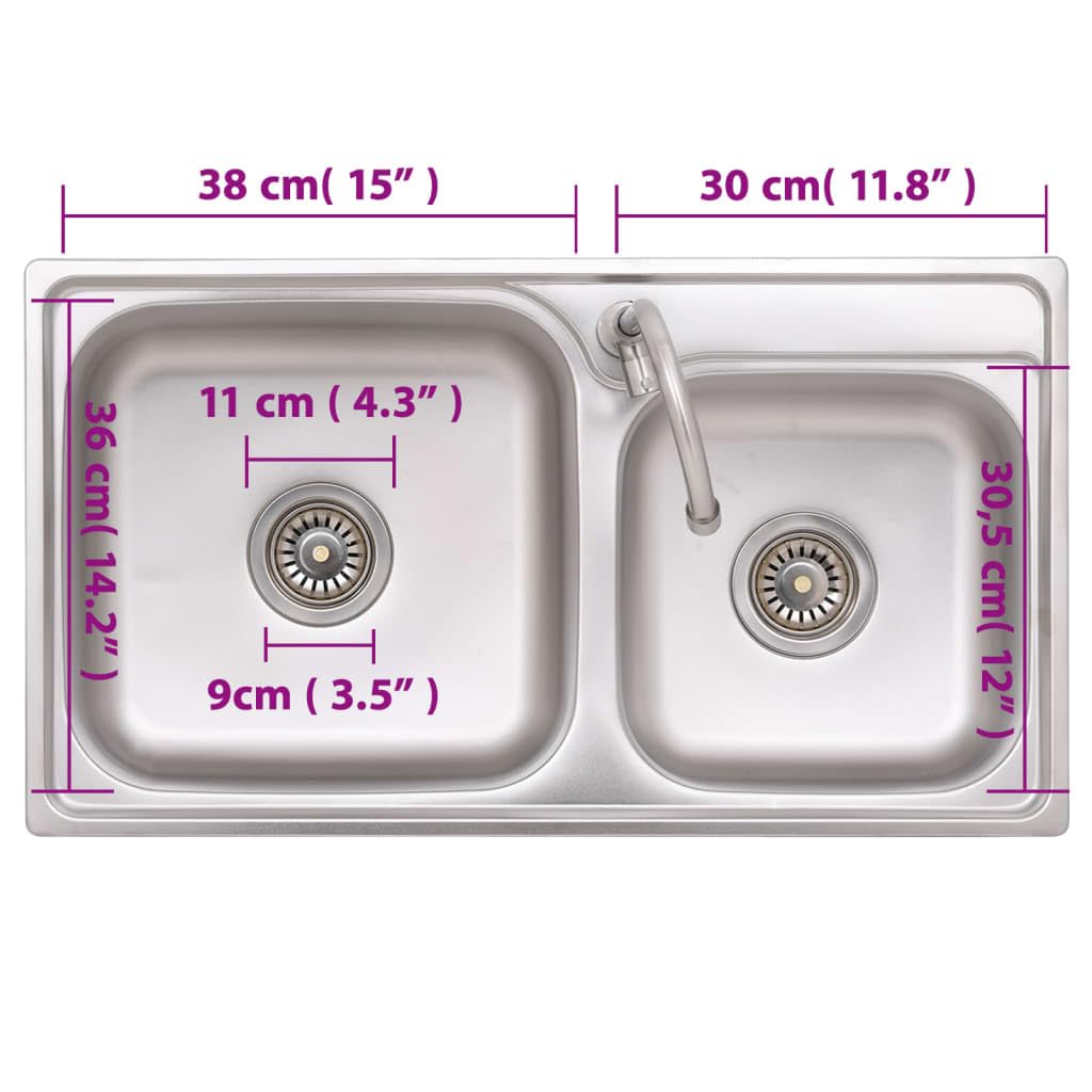 Fregadero de camping de acero inoxidable con doble lavabo, grifo y escurridor para exteriores, resistente a arañazos y golpes, apto para alimentos, repele la suciedad, fácil de limpiar, extraprofundo